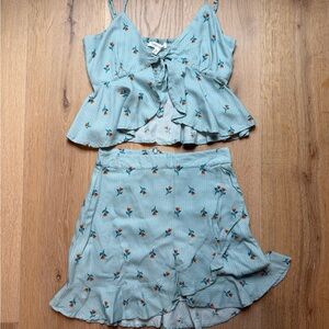 Honey Punch Light Blue Floral Ruffle Mini Skirt